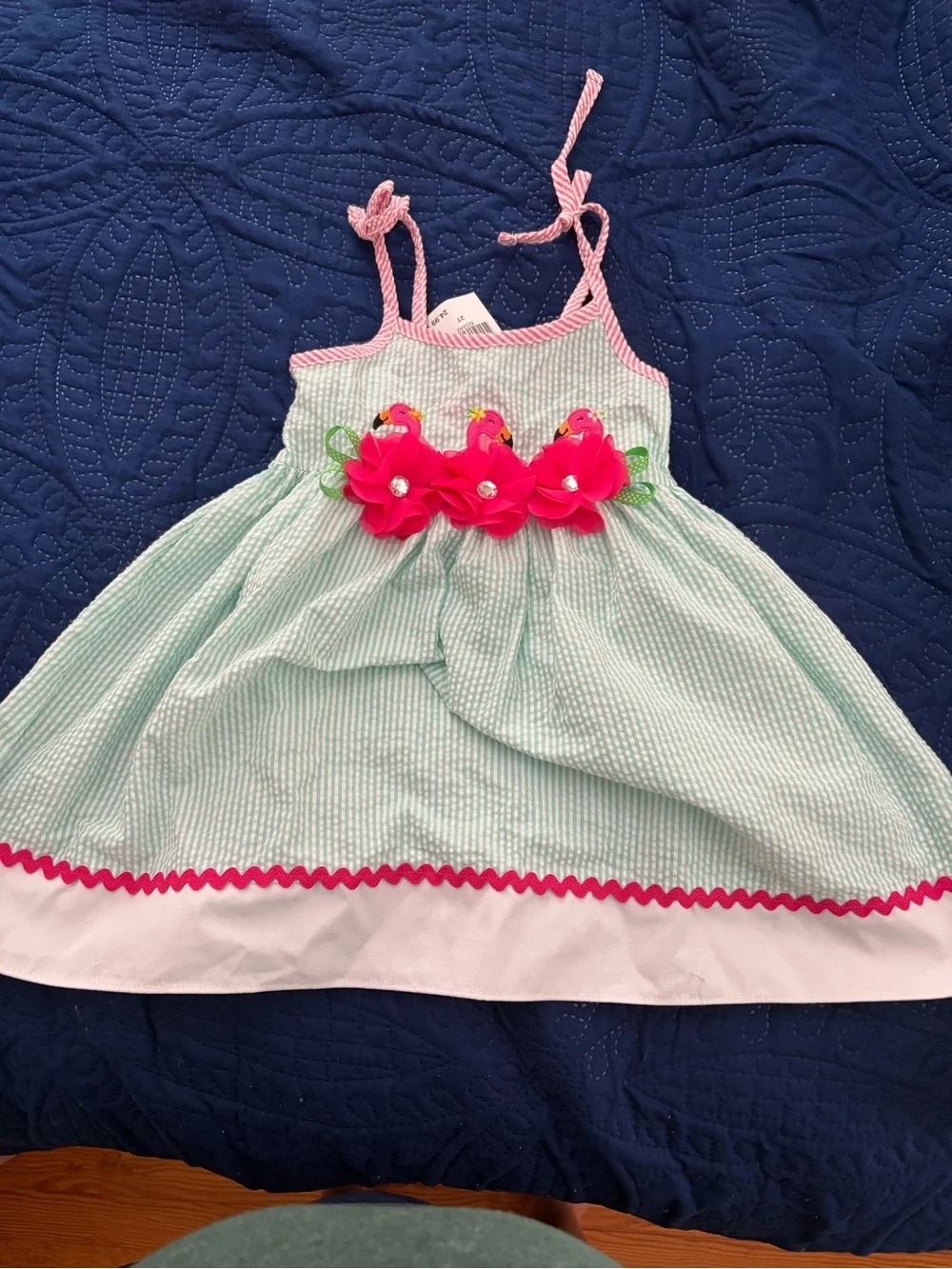Little Girls Mint Seersucker Dress with Pink Floral Flamingo Accents